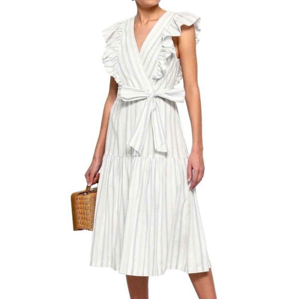Rebecca Taylor Blue & White Stripe Ruffle Tie Waist Cotton Midi Dress